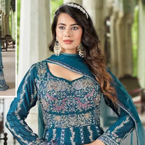 Pakistani suit in teal blue with embroidered